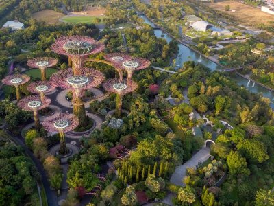 Aerial view of Gardens by the Bay and the Singapore waterfront