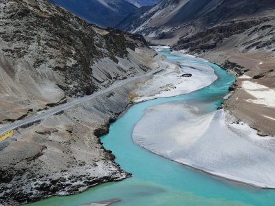The turquoise Zanskar meeting the Indus river at Sangam, Ladakh