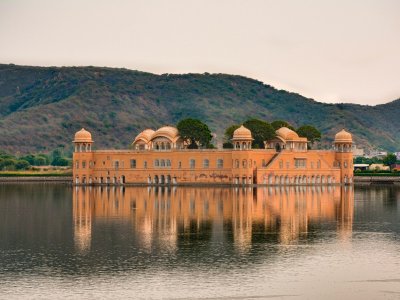 Jal Mahal palace reflected in the still waters of Man Sagar Lake, Jaipur