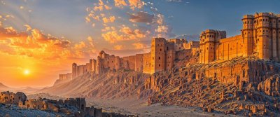 A sandstone fort rising from the Thar desert at sunset in Rajasthan