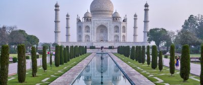 Wide view of the Taj Mahal and its gardens
