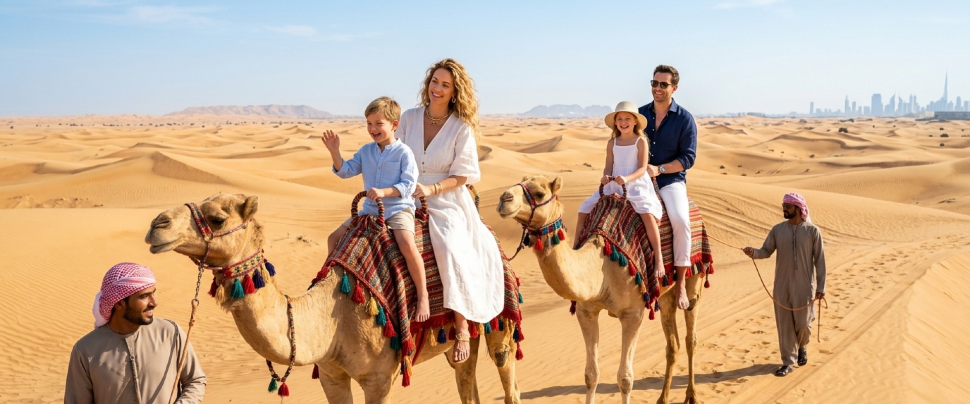 Camels resting on desert sand near Dubai
