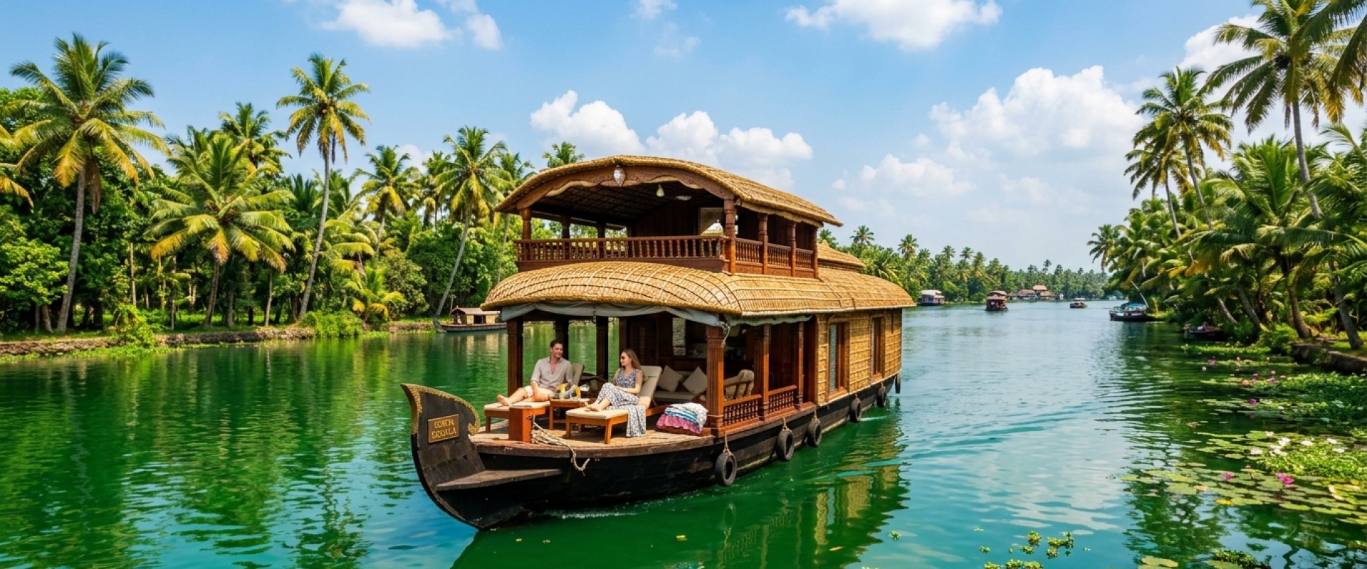 A traditional kettuvallam houseboat on a calm palm-fringed waterway in Kerala